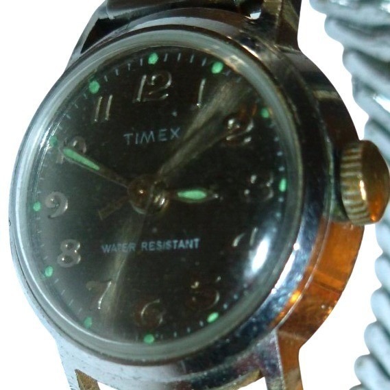 Timex Womens Vintage Water Resistant Manual Wind Watch Silver Black Dial Band